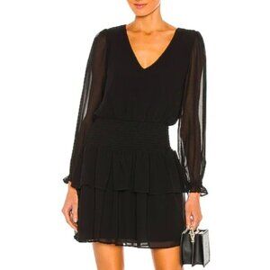 1.STATE (Revolve) RICH BLACK SMOCKED LONG SLEEVE RUFFLE MINI SWIRL DRESS XS